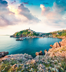 Amazing morning cityscape of Vrbnik town. Splendid summer seascape of Adriatic sea, Krk island,...