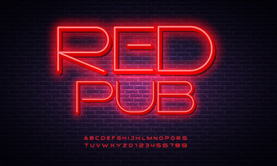 Neon alphabet with numbers. Red neon style font, fluorescent lamps on brick wall background. Vector