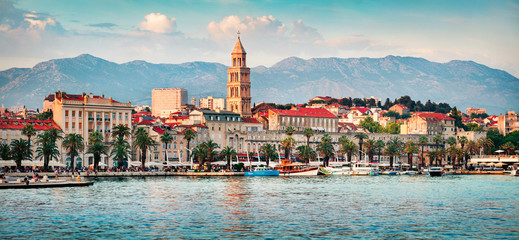 Colorful evening panorama of Split city with Diocletian palace. Splendid summer seascape of...
