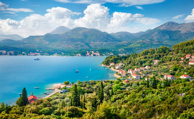 Bright summer seascape of Adriatic sea. Aerial morning view of Slano town, Croatia, Europe....