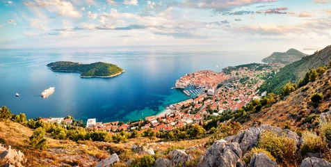 Fotobehang Aerial morning view of Dubrovnik city. Colorful summer scene of Croatia, Europe. Beautiful world of Mediterranean countries. Traveling concept background. © Andrew Mayovskyy