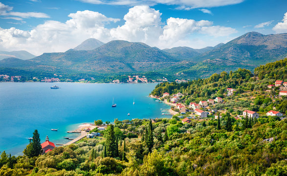 Bright summer seascape of Adriatic sea. Aerial morning view of Slano town, Croatia, Europe. Beautiful world of Mediterranean countries. Traveling concept background.