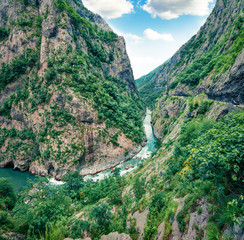 Fototapeta na wymiar Aerial morning view of Tara river canyon. Splendid summer morning in Montenegro, Europe. Beautiful world of Mediterranean countries. Traveling concept background.