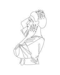 Continuous one line drawing. Abstract portrait of pretty young woman with beautiful hair. Vector soft illustration with color spots