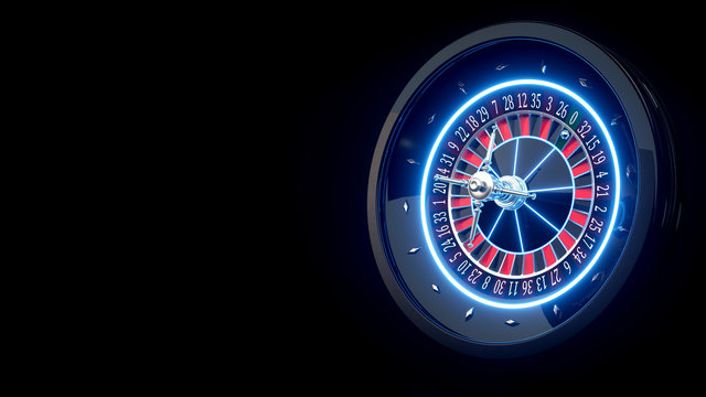 Futuristic Roulette Wheel With Blue Neon Lights Isolated On The Black Background - 3D Illustration