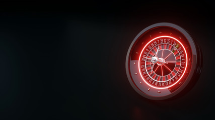 Futuristic Roulette Wheel With Red Neon Lights Isolated On The Black Background - 3D Illustration
