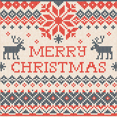 Merry Christmas: Scandinavian or russian style knitted embroidery pattern with borders and deers