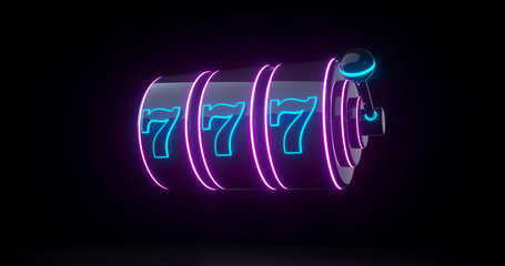 Futuristic Slot Machine Concept With Purple And Blue Neon Lights Isolated On The Black Background - 3D Illustration © Levan