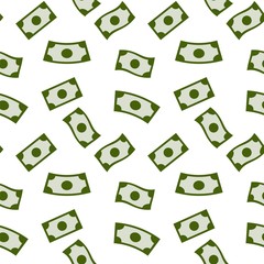 Money rain seamless pattern with green banknotes on white background