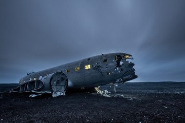Plane wreckage in Black sand beach in iceland