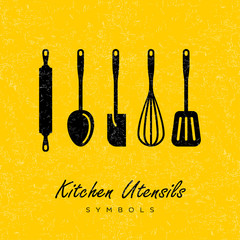 Black utensils silhouettes on an yellow background. Kitchen symbols icon. 