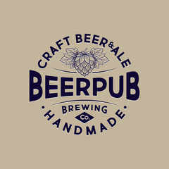 Beer Pub emblem. Letters and hop cone at engraving style. Craft Beer logotype. Vintage style. 