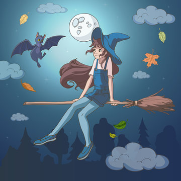 Halloween night. Vector illustration.    Cute cartoon witch flying on her broom with a bat. Decor element for kids products, T-shirts and greeting cards.
