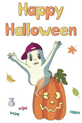 Greeting card for Halloween. Vector illustration. Cute cartoon ghost, pumpkin and candies. Isolated objects on white background. Decor element for kids products, T-shirts and postcards.