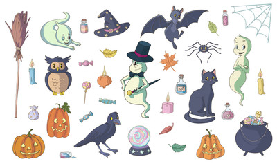 Set of various vector illustrations for Halloween (ghosts, pumpkins, black cat, raven, bat, candies, witch stuff). Isolated objects on white background. Decor elements for gift card and kids products.