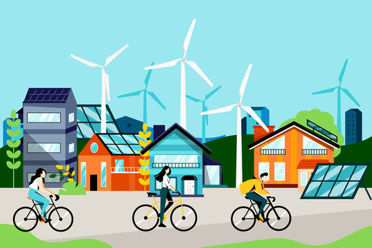 City landscape with buildings, cyclists, solar panels, wind turbines. Eco urban living concept. Vector illustration.