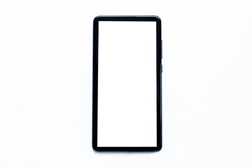 Modern touchscreen smartphone and blank screen isolated on white background with clipping path. Black mobile phone. Copy space,  Mock up.