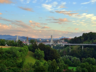 Panoramic view of the Poya Bridge with the city of Fribourg in the background. New bridge