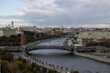 top view of the Kremlin and Moscow river from the bridge from the panoramic platform of the temple of Christ the Savior in Moscow Russia