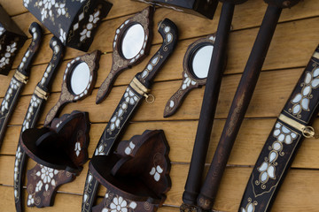 the wooden products with pearl in the store from Turkey.