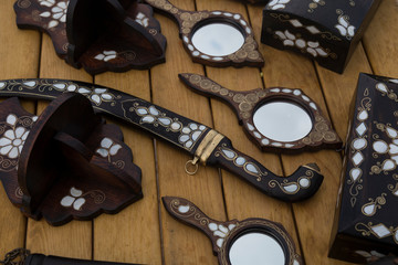 the wooden products with pearl in the store from Turkey.