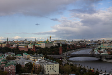top view of the Kremlin and Moscow river from the bridge from the panoramic platform of the temple of Christ the Savior in Moscow Russia