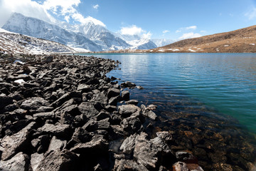 View of Ice lake (Kicho Tal 4600 m). Himalayas, Nepal, Annapurna Conservation Area.