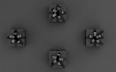 Gift boxes wrapped in black paper with black ribbon. Top view. 3D illustraiton