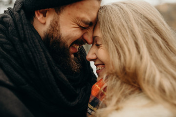 Portrait of couple. Young couple in love and fun, hug and travel in the nature. The concept of tenderness and affection. Romantic black and white photo