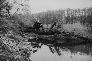 Portrait of couple. Young couple in love and fun, hug and travel in the nature. The concept of tenderness and affection. Romantic black and white photo