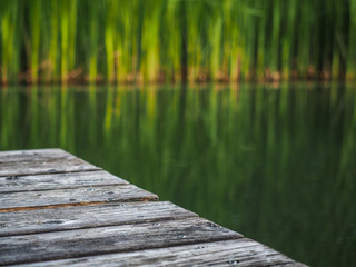 Wooden pier on a natural pond surrounded by reed
