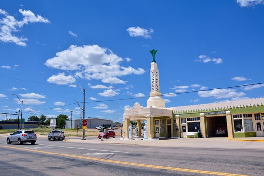 Shamrock, Texas - July 20, 2017: Art deco U-Drop Inn Conoco Station (Tower Station) on Route 66. Appeared in the animated movie "Cars". National register of historic places