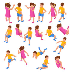 Isometric set of girl and boy in different poses stands, runs, sits, lies and others on white background. Constructor set or creation kit