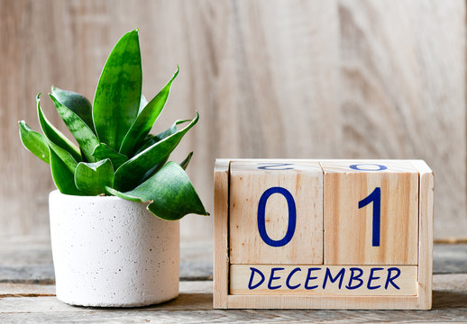 close-up view of wooden calendar with 01 december symbols