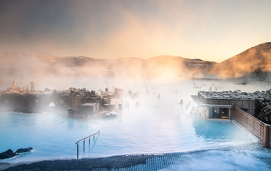 Beautiful landscape and sunset near Blue lagoon hot spring spa in Iceland - 291204377
