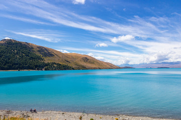 Naklejka premium view of Tekapo lake on a sunny day, New Zealand