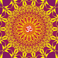 Square circle openwork mandala. Red, yellow and purple colors. Sign Aum / Om / Ohm in center. Spiritual esoteric symbol. Vector graphics.