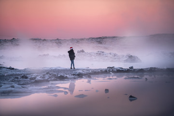 Beautiful landscape and sunset near Blue lagoon hot spring spa in Iceland