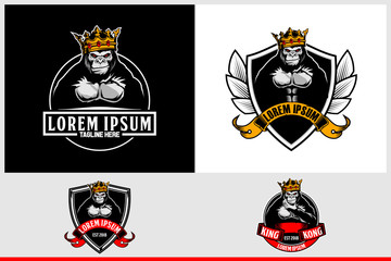 gorilla with a crown and shield vector badge logo template © infernal  kiss