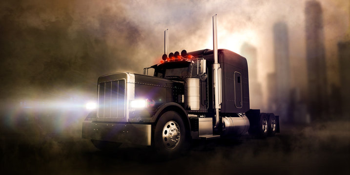 Classic black semi truck on dark background with smoke and city in the background (3D illustration)
