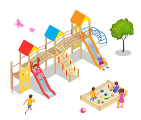 Isometric kids, boys and girls are playing on the playground. Swing carousel sandpit slide rocker rope ladder bench.