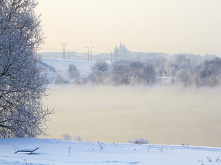 Winter landscape with snow covered tree branches