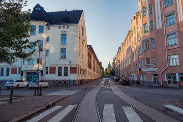 Helsinki. Finland. Highway. Tram tracks in Helsinki. road to the Assumption Cathedral. The streets of Finland. Helsinki architecture. Road intersection. The architecture of northern Europe.