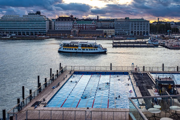 Helsinki. Finland. Pool near the sea. Helsinki city harbor. Rest area on the pier. Helsinki Harbor...