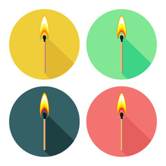 Set of colorful round flat icons with burning match isolated on white background