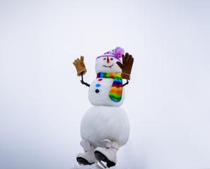 Christmas snowman in hat, scarf, gloves with ice skating. Merry christmas and happy new year greeting card. Happy snowman in winter landscape. Christmas and winter fashion. Happy holiday celebration.