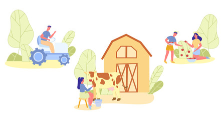 People Gardening, Harvesting, Driving Tractor Set