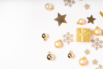 Christmas flat lay scene with golden decorations