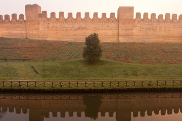 Cittadella city wall with fog - obrazy, fototapety, plakaty
