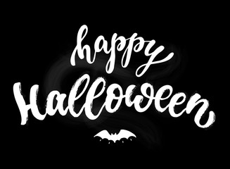 Halloween card, poster, banner, invitation design. Cute hand lettering quote on black background for prints, labels, signs, stickers, etc. Festive typography inscription.